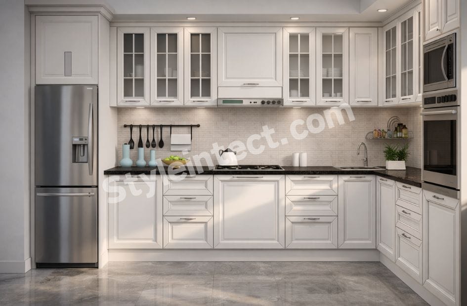 White Classical Modular Kitchen Design with U-shaped Layout, Glass Cabinets, Black Granite Countertop and Built-in Appliances by StyleIntect.