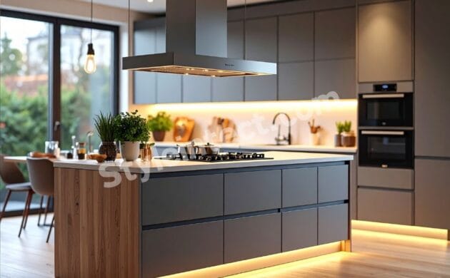 Modern Island Kitchen Design with grey modular cabinets, white countertop, central kitchen island, warm LED lighting, built-in cooktop, chimney hood, and open dining layout.