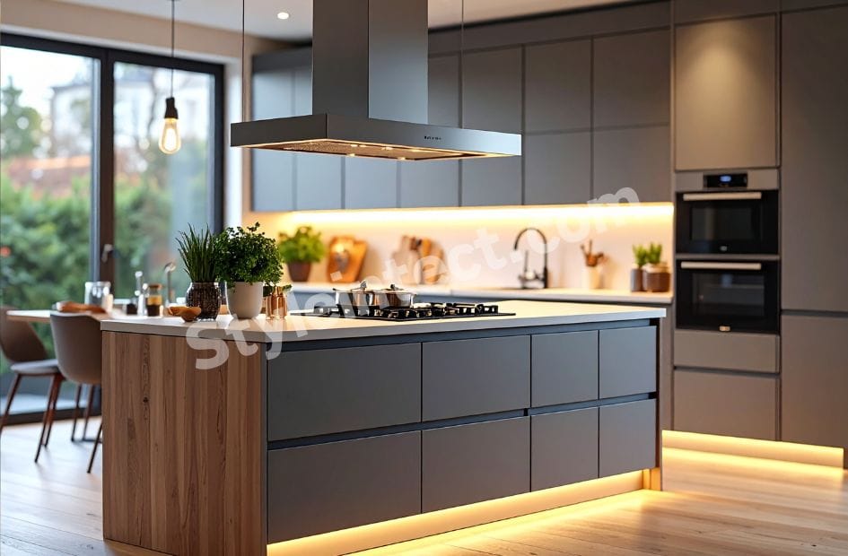 Modern Island Kitchen Design with grey modular cabinets, white countertop, central kitchen island, warm LED lighting, built-in cooktop, chimney hood, and open dining layout.