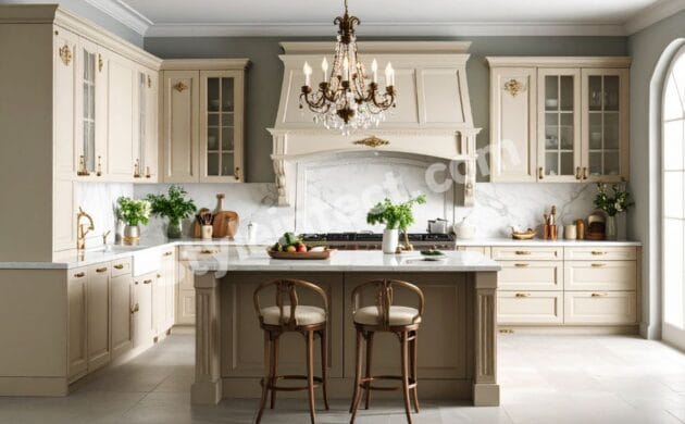 Luxury Classical Kitchen Design with U-shaped ivory cabinets, marble island countertop, decorative range hood, crystal chandelier, and premium modular kitchen interior.
