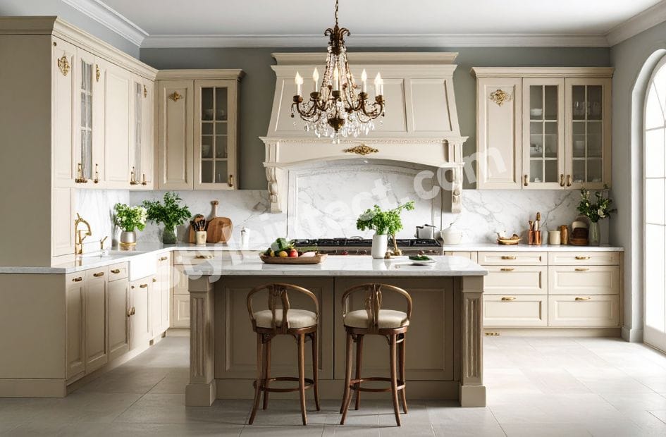 Luxury Classical Kitchen Design with U-shaped ivory cabinets, marble island countertop, decorative range hood, crystal chandelier, and premium modular kitchen interior.