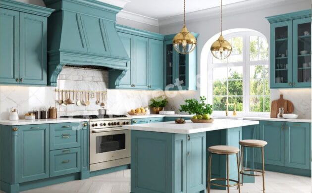 Luxury Classical Kitchen Design featuring a U-shaped teal green modular kitchen with raised-panel cabinets, white marble countertops, a spacious island, gold pendant lights, and elegant classical interior styling by StyleIntect.