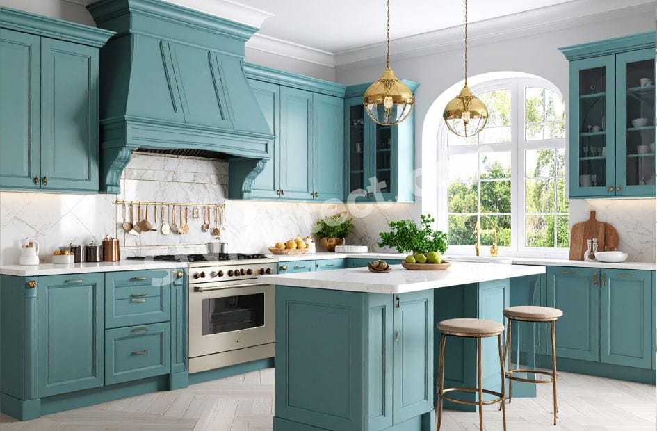 Luxury Classical Kitchen Design featuring a U-shaped teal green modular kitchen with raised-panel cabinets, white marble countertops, a spacious island, gold pendant lights, and elegant classical interior styling by StyleIntect.