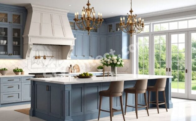 Luxury Classical Kitchen Design with blue raised-panel cabinets, white marble countertop, large kitchen island, elegant chandeliers, and glass-front cabinets.