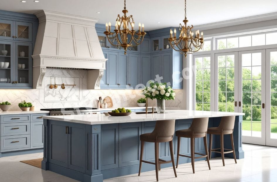 Luxury Classical Kitchen Design with blue raised-panel cabinets, white marble countertop, large kitchen island, elegant chandeliers, and glass-front cabinets.