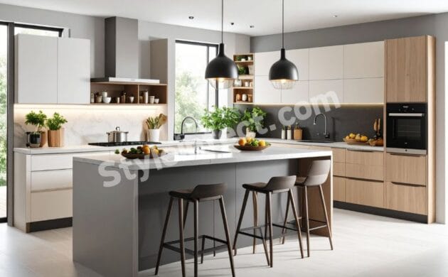 Modern Japandi modular kitchen design featuring an L-shaped layout, white and wood cabinets, spacious island, pendant lighting, built-in oven, and minimalist kitchen interior.