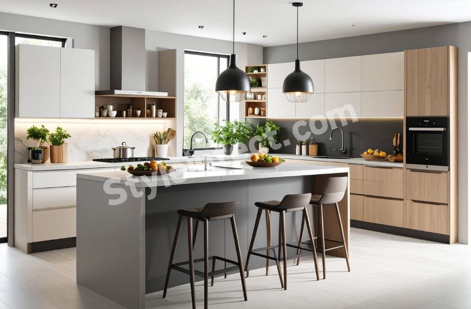 Modern Japandi modular kitchen design featuring an L-shaped layout, white and wood cabinets, spacious island, pendant lighting, built-in oven, and minimalist kitchen interior.