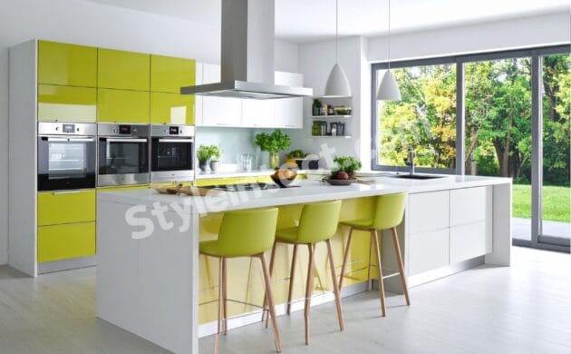Modern Modular Kitchen Design with White and Lime Green Island Kitchen, Glossy Cabinets, Built-in Appliances, and Contemporary Kitchen Interior Design.