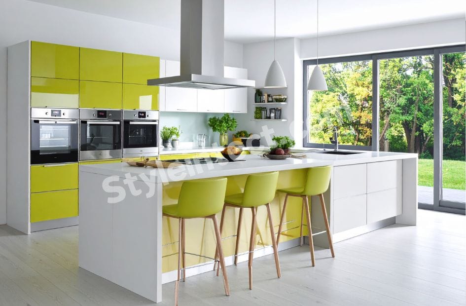 Modern Modular Kitchen Design with White and Lime Green Island Kitchen, Glossy Cabinets, Built-in Appliances, and Contemporary Kitchen Interior Design.