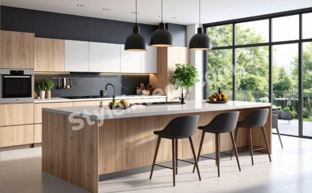 Modern Japandi kitchen interior design with natural wood cabinets, white modular cabinetry, spacious island kitchen, pendant lights, built-in oven, and open luxury kitchen layout.