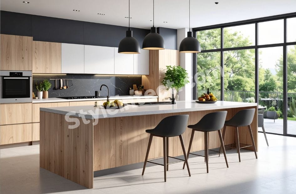 Modern Japandi kitchen interior design with natural wood cabinets, white modular cabinetry, spacious island kitchen, pendant lights, built-in oven, and open luxury kitchen layout.
