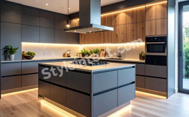Modern Luxury Modular Kitchen Design with L-Shaped Layout, Central Island, Dual-Tone Charcoal and Wood Cabinets, White Countertop, and Warm LED Lighting.