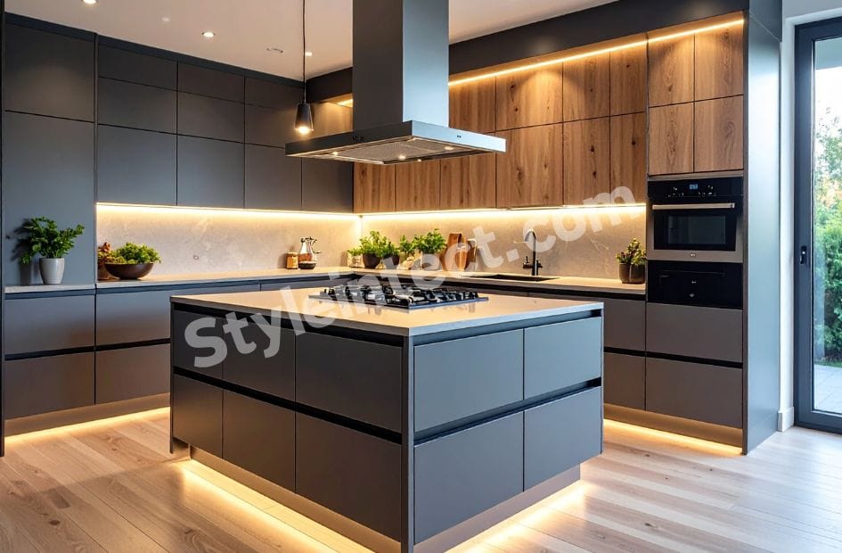 Modern Luxury Modular Kitchen Design with L-Shaped Layout, Central Island, Dual-Tone Charcoal and Wood Cabinets, White Countertop, and Warm LED Lighting.