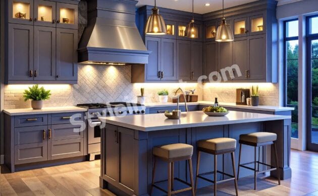 Luxury Transitional L Shaped Kitchen Design with Slate Blue Shaker Cabinets, White Stone Countertops, Kitchen Island and Premium Interior by StyleIntect