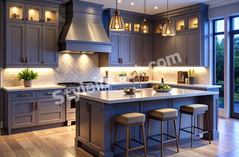 Luxury Transitional L Shaped Kitchen Design with Slate Blue Shaker Cabinets, White Stone Countertops, Kitchen Island and Premium Interior by StyleIntect