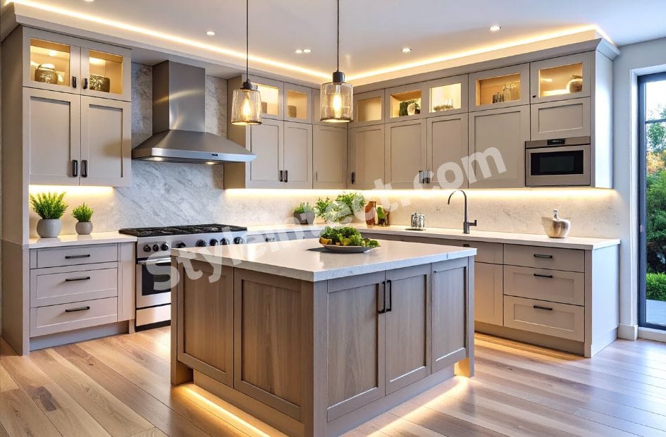 Luxury modular kitchen design with L-shaped greige Shaker cabinets, center island, white stone countertop, marble-look backsplash, pendant lighting, and premium residential kitchen interior.