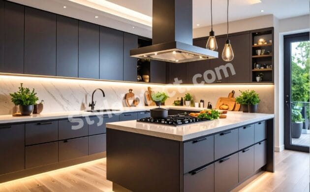 Modern luxury modular island kitchen design with matte charcoal cabinets, white stone countertop, pendant lights, premium modular kitchen interior, and contemporary storage solutions.