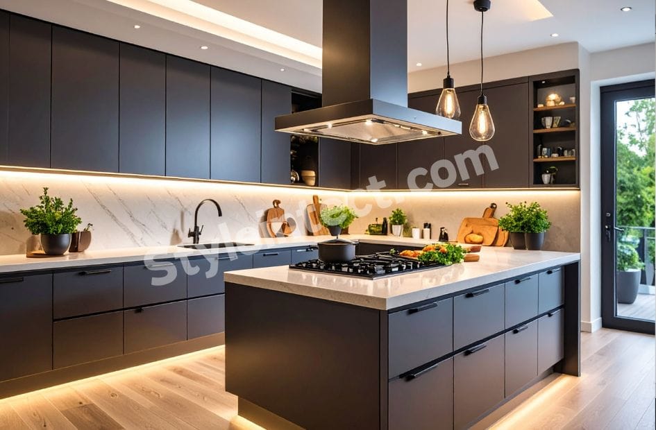 Modern luxury modular island kitchen design with matte charcoal cabinets, white stone countertop, pendant lights, premium modular kitchen interior, and contemporary storage solutions.