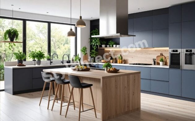Modern modular L-shaped kitchen design with charcoal grey handleless cabinets, natural wood island, white countertops, pendant lights, built-in ovens, and large black-framed windows.