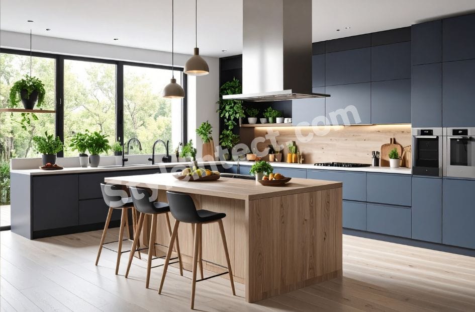 Modern modular L-shaped kitchen design with charcoal grey handleless cabinets, natural wood island, white countertops, pendant lights, built-in ovens, and large black-framed windows.