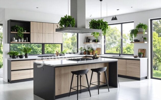 Modern Scandinavian Japandi kitchen design with L-shaped modular kitchen, light wood cabinets, white island countertop, matte black accents, open shelving, large windows, and indoor plants.