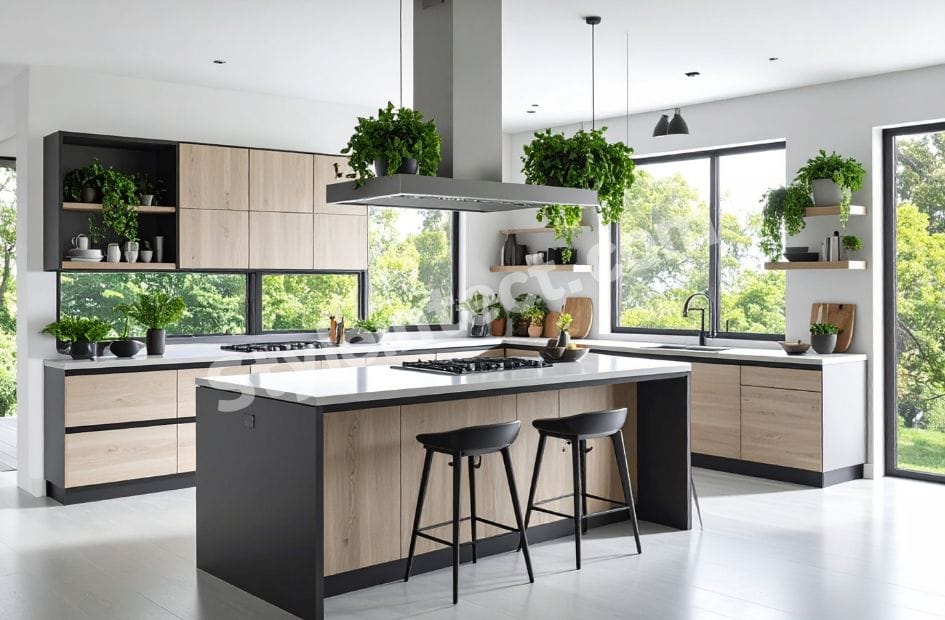 Modern Scandinavian Japandi kitchen design with L-shaped modular kitchen, light wood cabinets, white island countertop, matte black accents, open shelving, large windows, and indoor plants.