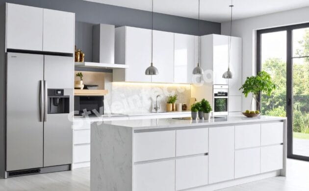Modern Modular Kitchen Design with white handleless cabinets, marble-look waterfall island, built-in appliances, pendant lighting, and contemporary kitchen interior by StyleIntect.
