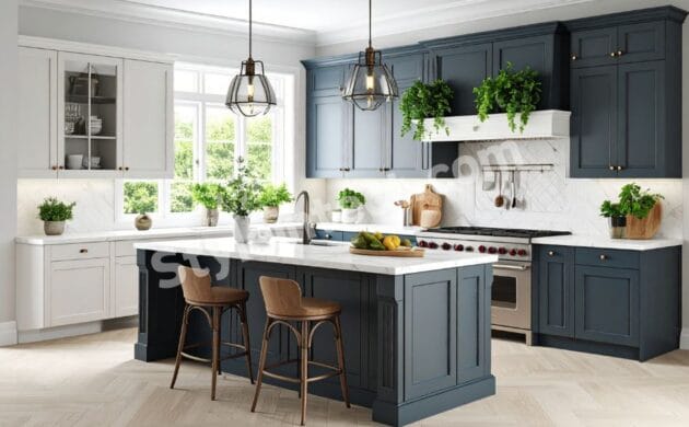 Luxury Modern Transitional Kitchen Design with L-shaped modular layout, charcoal grey and white Shaker cabinets, large island, white quartz countertop, herringbone backsplash, pendant lights, and premium kitchen interior by StyleIntect.