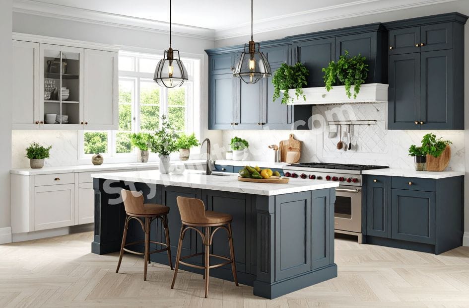 Luxury Modern Transitional Kitchen Design with L-shaped modular layout, charcoal grey and white Shaker cabinets, large island, white quartz countertop, herringbone backsplash, pendant lights, and premium kitchen interior by StyleIntect.