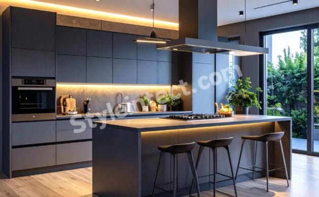 Modern luxury island kitchen design with matte grey modular cabinets, central kitchen island, built-in oven, warm LED lighting, open layout, and contemporary kitchen interior.