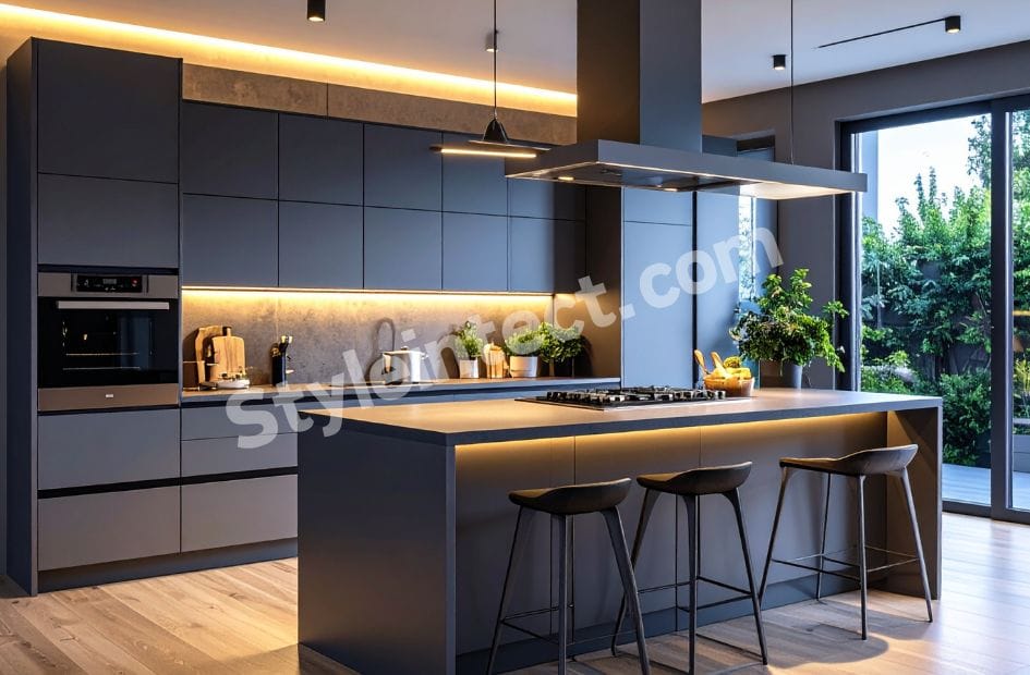 Modern luxury island kitchen design with matte grey modular cabinets, central kitchen island, built-in oven, warm LED lighting, open layout, and contemporary kitchen interior.