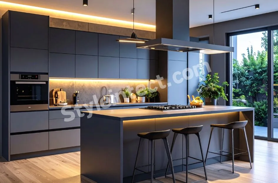 Modern luxury island kitchen design with matte grey modular cabinets, central kitchen island, built-in oven, warm LED lighting, open layout, and contemporary kitchen interior.