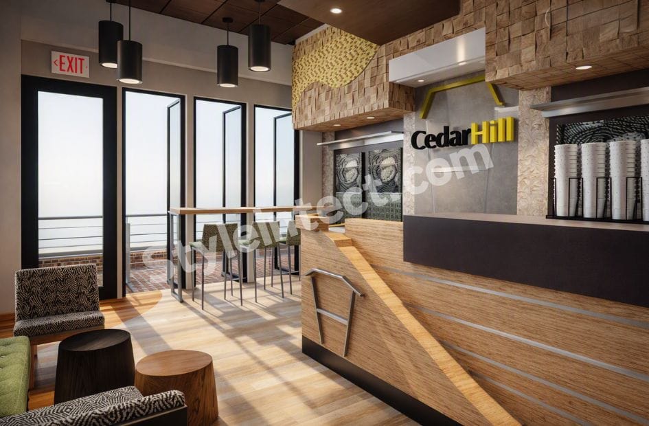 Modern Rustic Commercial Interior Design with Natural Wood, Luxury Finishes & Contemporary Space Planning