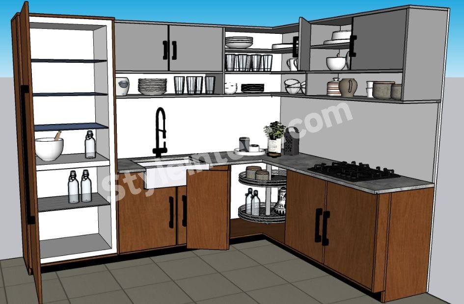 Modern Modular Kitchen Design featuring an L-shaped grey and wood kitchen with smart storage cabinets, open shelving, corner carousel storage, a stone countertop, and a contemporary kitchen interior.