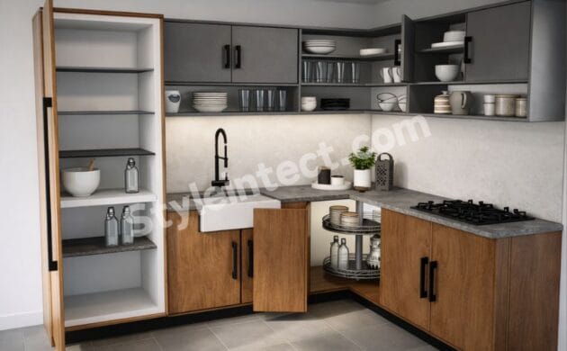 Modern Modular Kitchen Design featuring an L-shaped grey and wood kitchen with smart storage cabinets, open shelving, corner carousel storage, a stone countertop, and a contemporary kitchen interior.