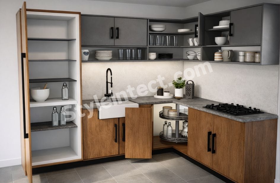 Modern Modular Kitchen Design featuring an L-shaped grey and wood kitchen with smart storage cabinets, open shelving, corner carousel storage, a stone countertop, and a contemporary kitchen interior.