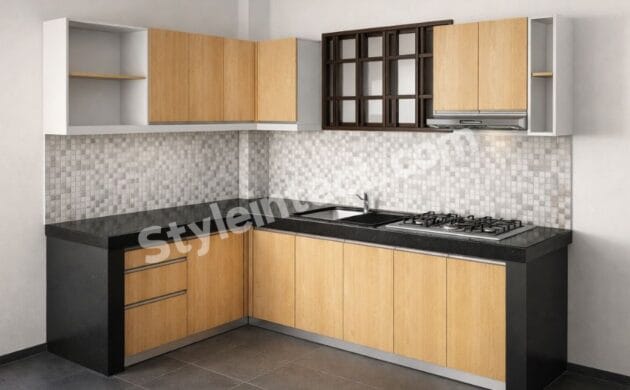 Modern Modular Kitchen Design with L-Shaped Layout, Natural Wood Cabinets, Black Granite Countertop, Mosaic Tile Backsplash, and Smart Storage by StyleIntect.