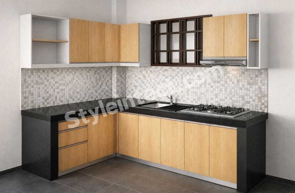 Modern Modular Kitchen Design with L-Shaped Layout, Natural Wood Cabinets, Black Granite Countertop, Mosaic Tile Backsplash, and Smart Storage by StyleIntect.