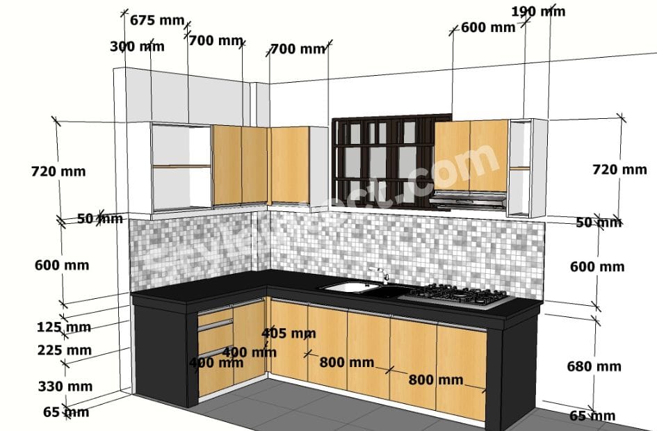 Modern Modular Kitchen Design with L-Shaped Layout, Natural Wood Cabinets, Black Granite Countertop, Mosaic Tile Backsplash, and Smart Storage by StyleIntect.