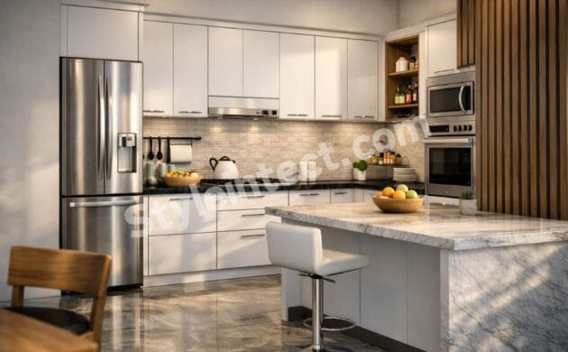 Modern Modular Kitchen Design with L-Shaped White Cabinets, Marble Island Countertop, Built-in Appliances and Contemporary Kitchen Interior Design by StyleIntect.