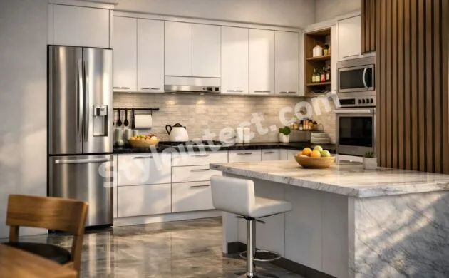 Modern Modular Kitchen Design with L-Shaped White Cabinets, Marble Island Countertop, Built-in Appliances and Contemporary Kitchen Interior Design by StyleIntect.