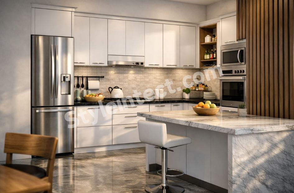 Modern Modular Kitchen Design with L-Shaped White Cabinets, Marble Island Countertop, Built-in Appliances and Contemporary Kitchen Interior Design by StyleIntect.