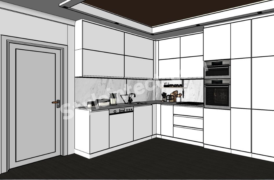 Modern Minimalist Modular Kitchen Design with L-Shaped White Cabinets, Marble Backsplash and Built-in Appliances by StyleIntect