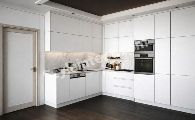 Modern Minimalist Modular Kitchen Design with L-Shaped White Cabinets, Marble Backsplash and Built-in Appliances by StyleIntect