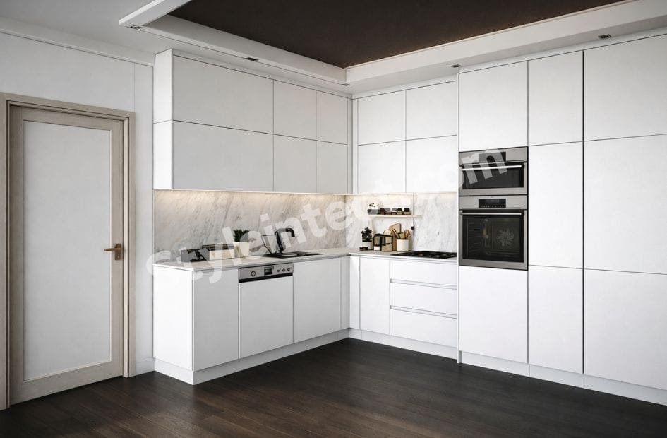 Modern Minimalist Modular Kitchen Design with L-Shaped White Cabinets, Marble Backsplash and Built-in Appliances by StyleIntect