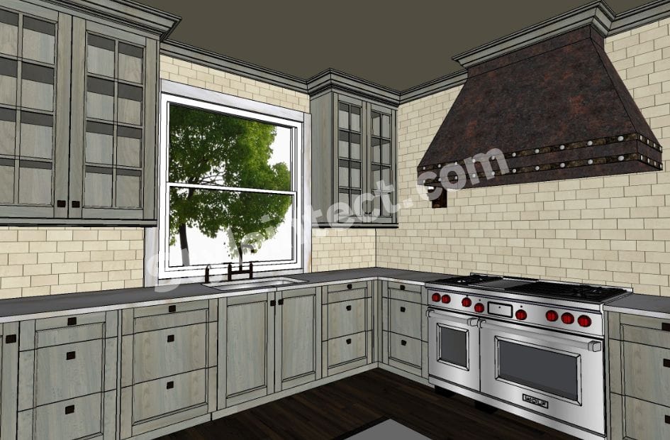 Modern Classical Kitchen Design with L-Shaped Grey Cabinets, Glass Wall Cabinets, Decorative Hood, Light Brick Backsplash, and Luxury Modular Kitchen Interior