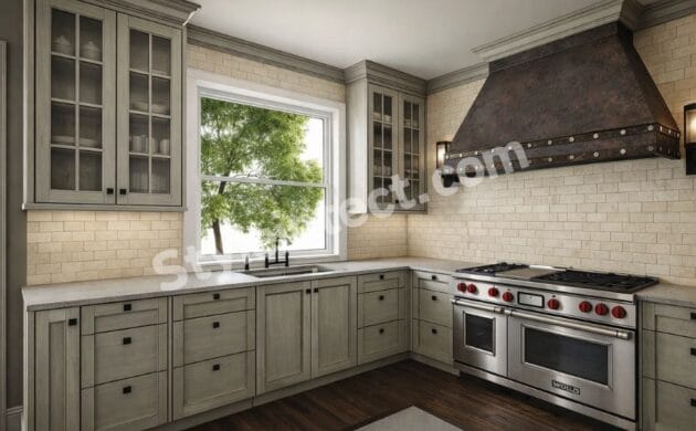 Modern Classical Kitchen Design with L-Shaped Grey Cabinets, Glass Wall Cabinets, Decorative Hood, Light Brick Backsplash, and Luxury Modular Kitchen Interior