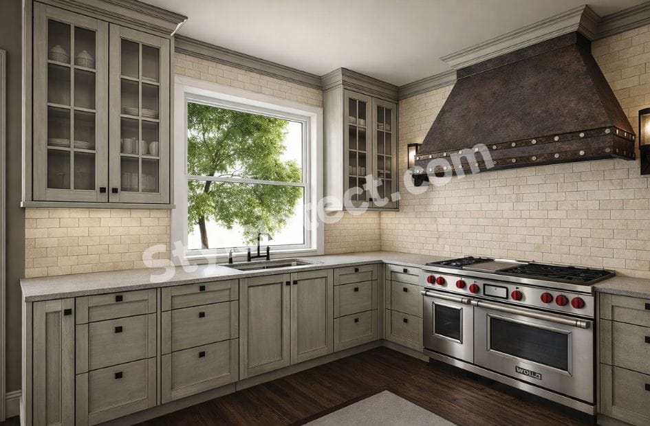 Modern Classical Kitchen Design with L-Shaped Grey Cabinets, Glass Wall Cabinets, Decorative Hood, Light Brick Backsplash, and Luxury Modular Kitchen Interior