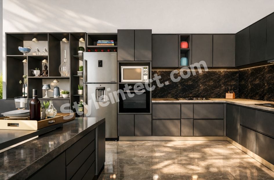 Modern Black Modular Kitchen Design with Island Layout, Matte Charcoal Cabinets, Premium Countertop and Contemporary Kitchen Interior by StyleIntect.