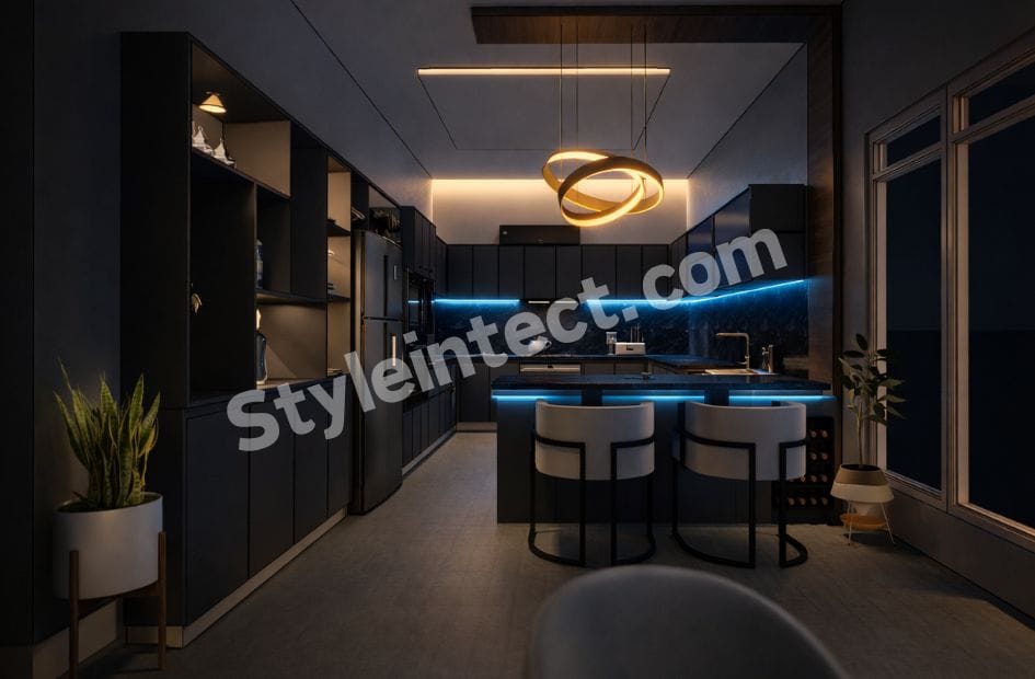 Modern Black Modular Kitchen Design with Island Layout, Matte Charcoal Cabinets, Premium Countertop and Contemporary Kitchen Interior by StyleIntect.